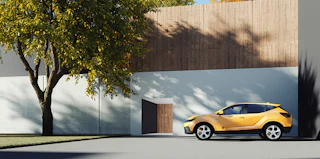 Yellow car parked in a house